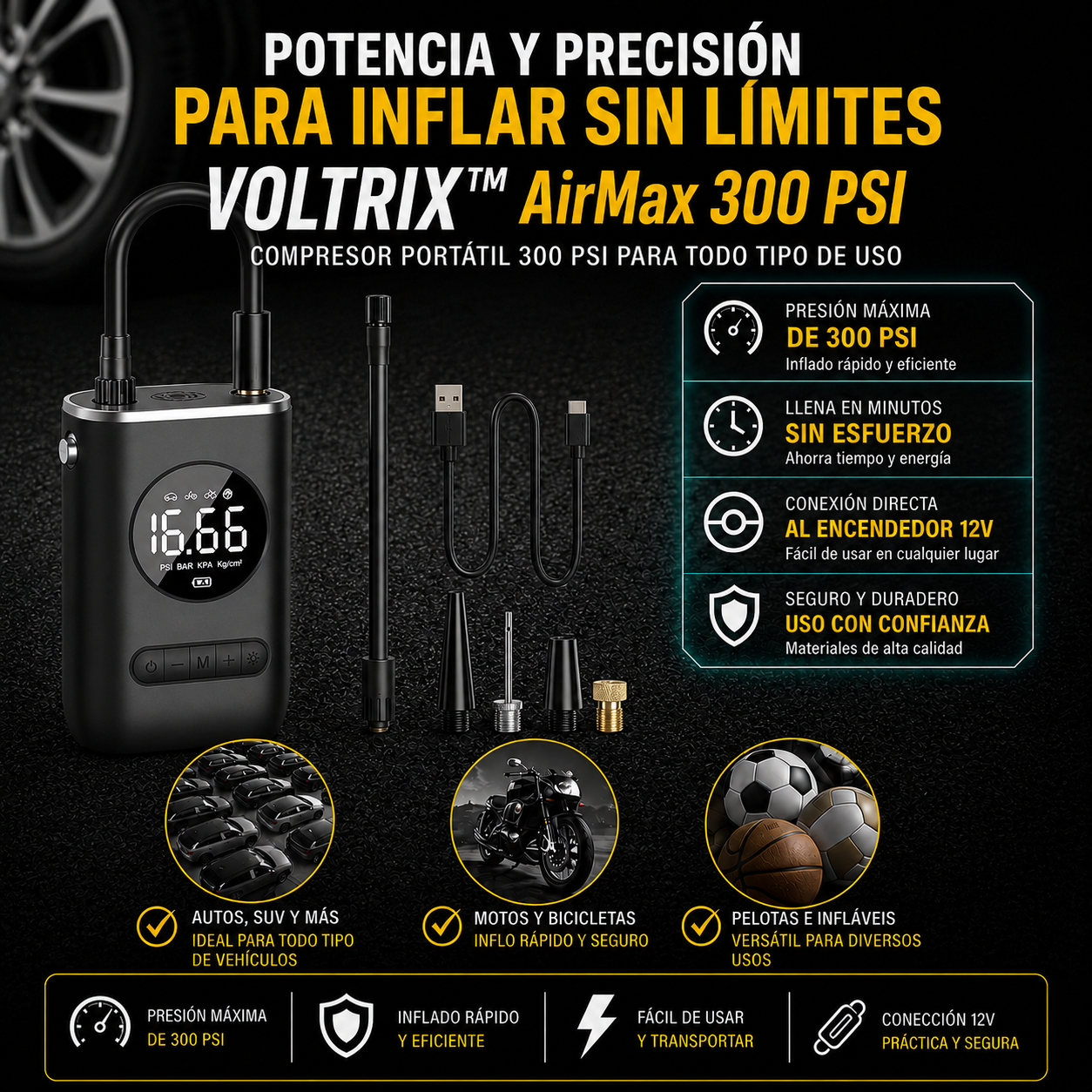 VOLTRIX™ AirMax 300 PSI: INFLA TU LLANTA EN MINUTOS Y SIGUE TU CAMINO